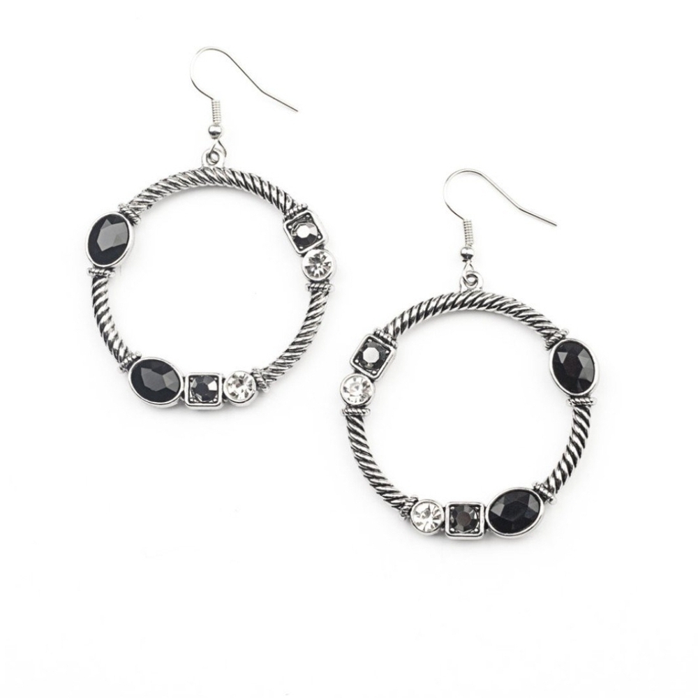 Glamorous Garland Multi Paparazzi Black and Silver Twisted Hoop Earrings